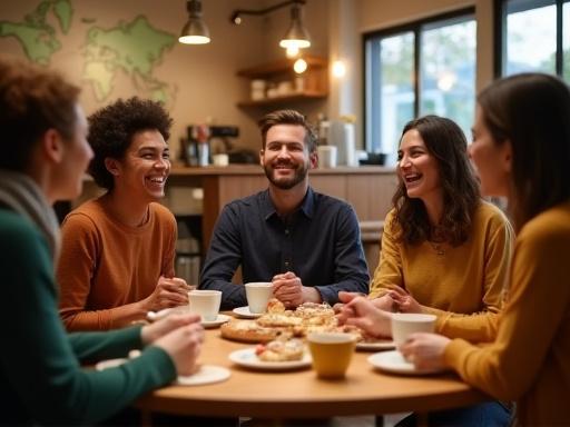 Eine Gruppe von Freunden, die an einem runden Holztisch sitzen, herzhaft lachen und Kaffee sowie Gebäck im Kartenwerk Café genießen.
