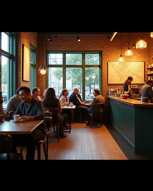 Ein weiter Blick in das gemütliche Café, gefüllt mit gut gelaunten Gästen, die ihren Kaffee genießen und Gesprächen lauschen.