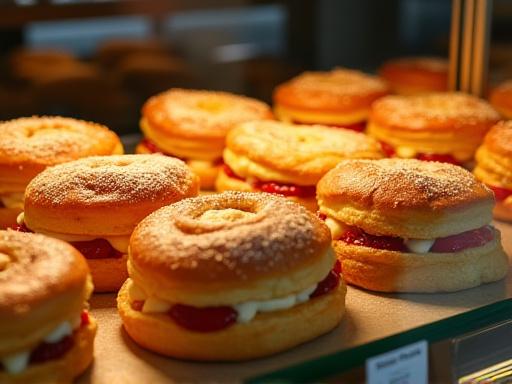 Eine verlockende Auswahl an frisch gebackenen Kuchen, Strudeln und Gebäckstücken, appetitlich angerichtet in der Vitrine des Cafés.